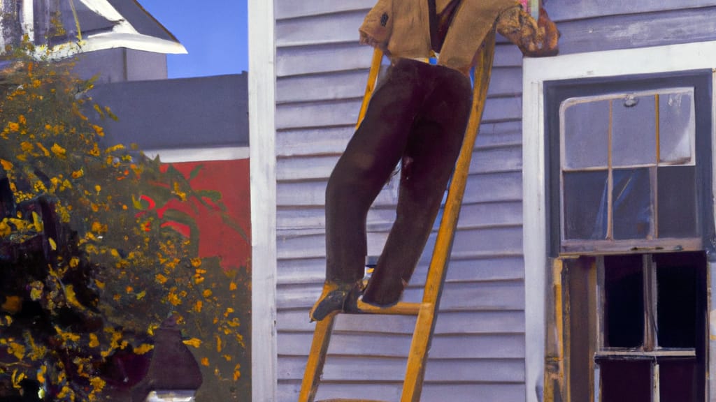 Man climbing ladder on Norton, Massachusetts home to replace roof