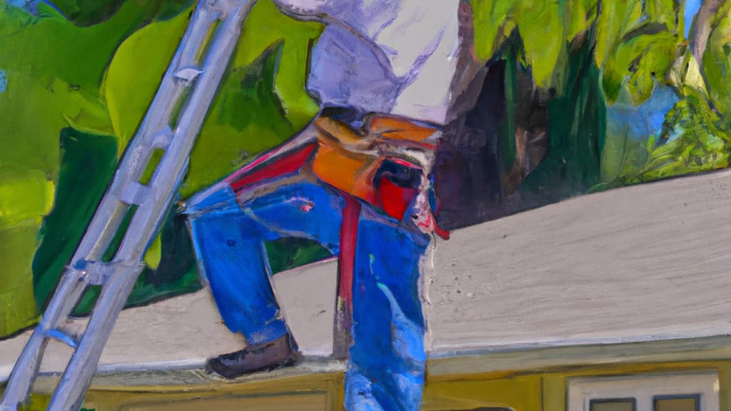 Man climbing ladder on Oakdale, California home to replace roof