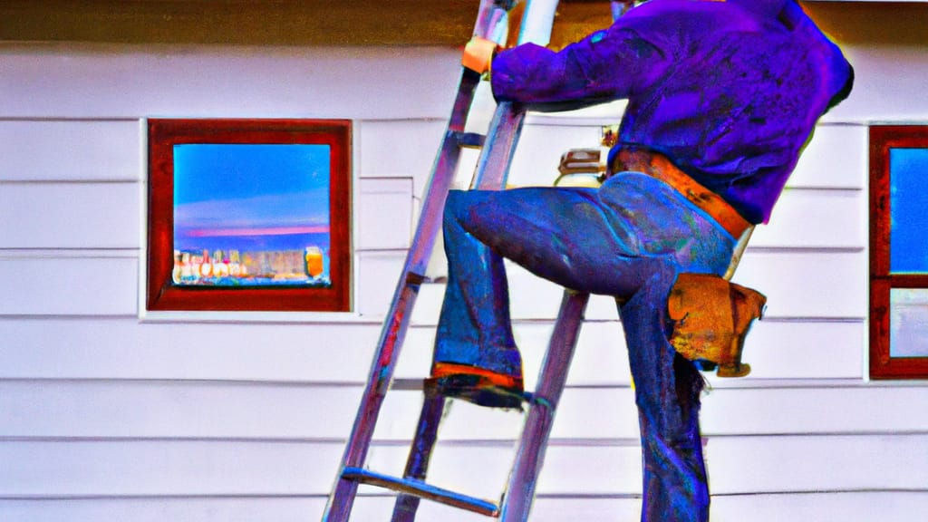 Man climbing ladder on Ocean Shores, Washington home to replace roof