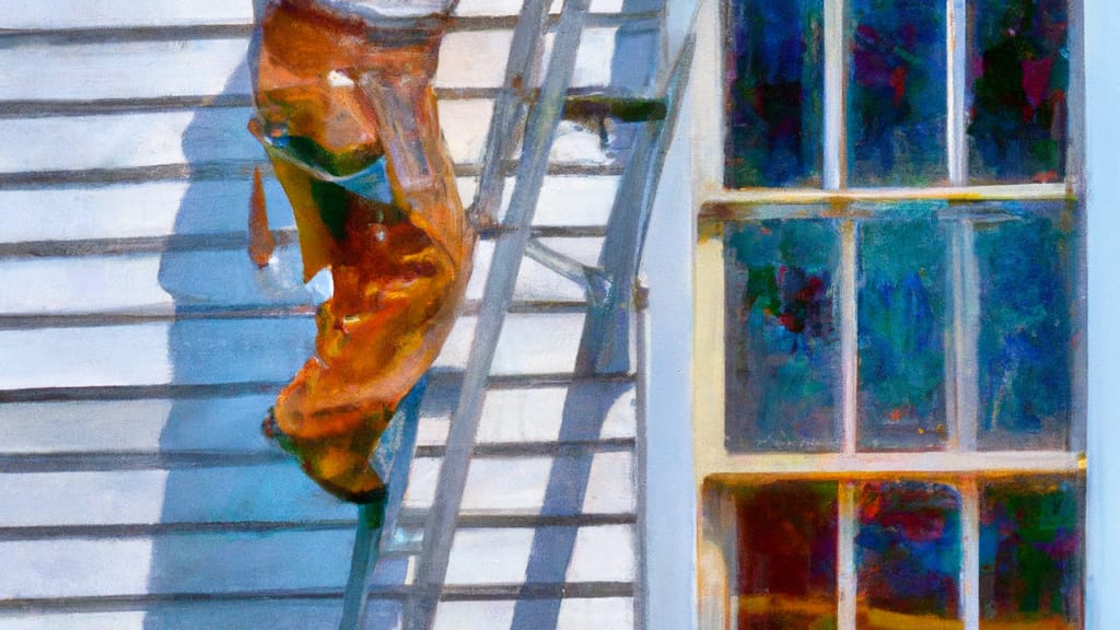 Man climbing ladder on Old Bethpage, New York home to replace roof