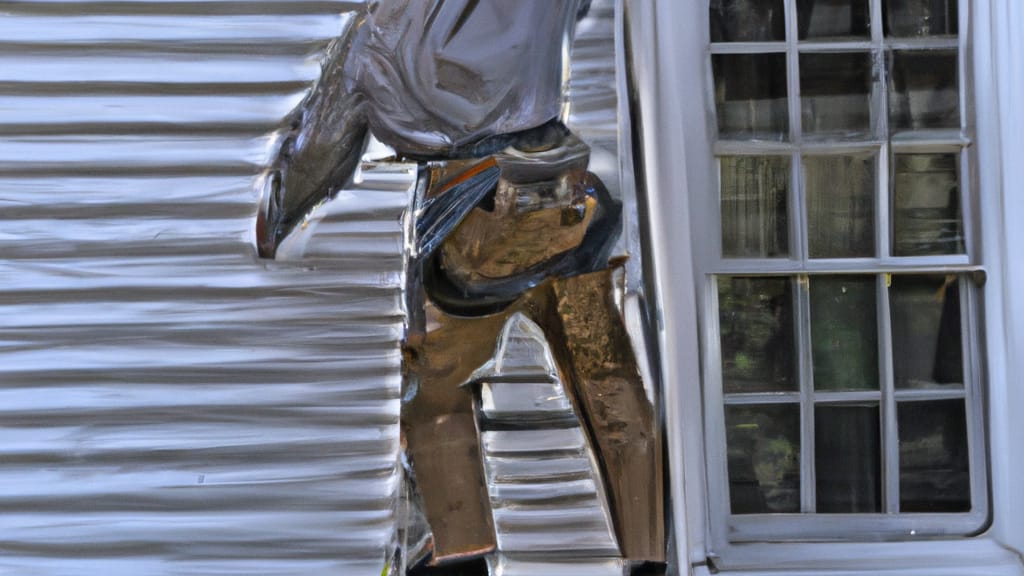 Man climbing ladder on Old Lyme, Connecticut home to replace roof