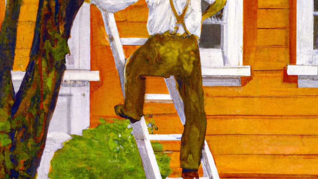 Man climbing ladder on Orange, Connecticut home to replace roof