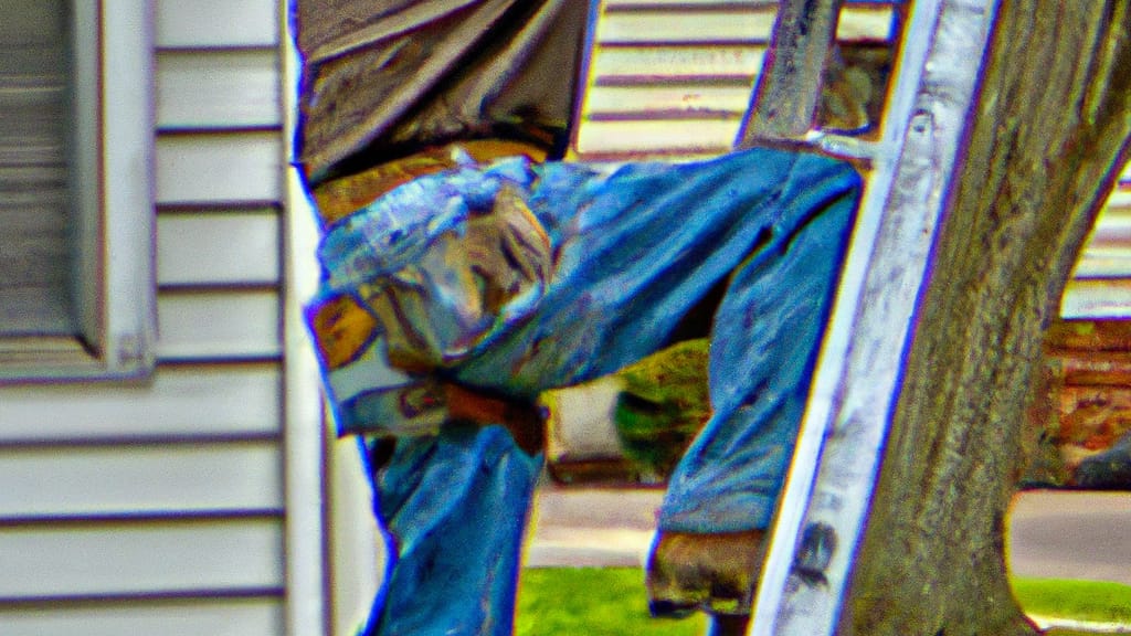 Man climbing ladder on Oshkosh, Wisconsin home to replace roof