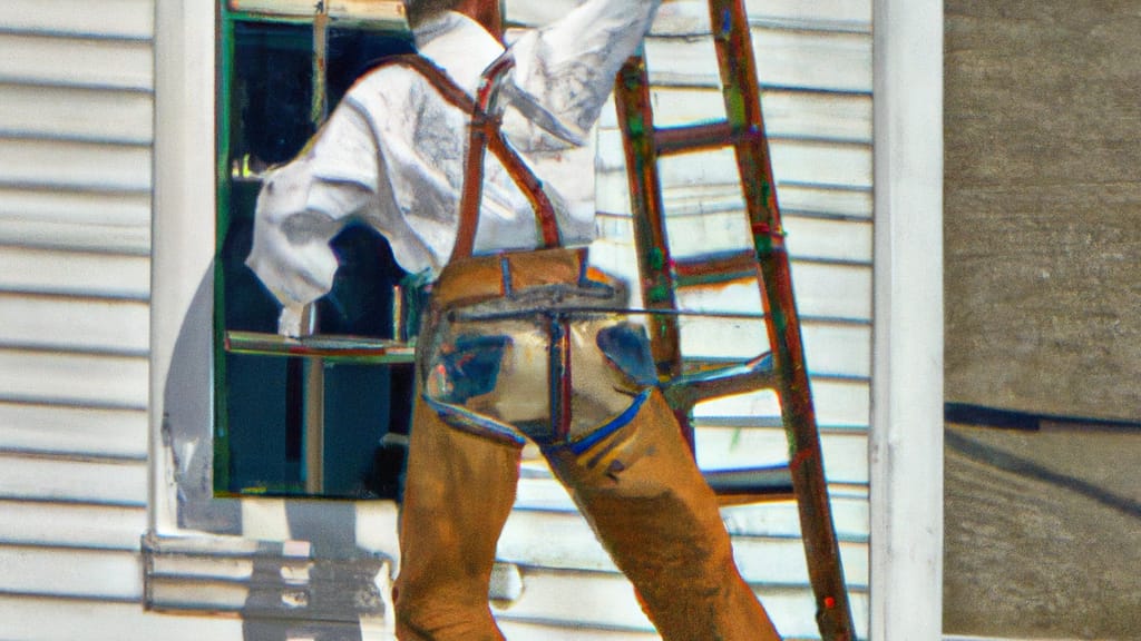 Man climbing ladder on Oswego, New York home to replace roof