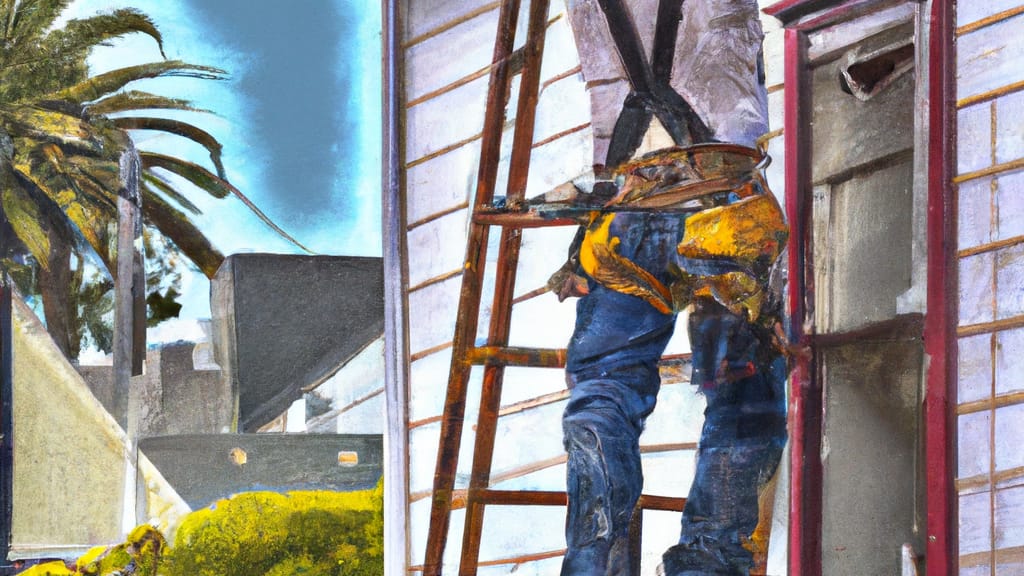 Man climbing ladder on Palermo, California home to replace roof
