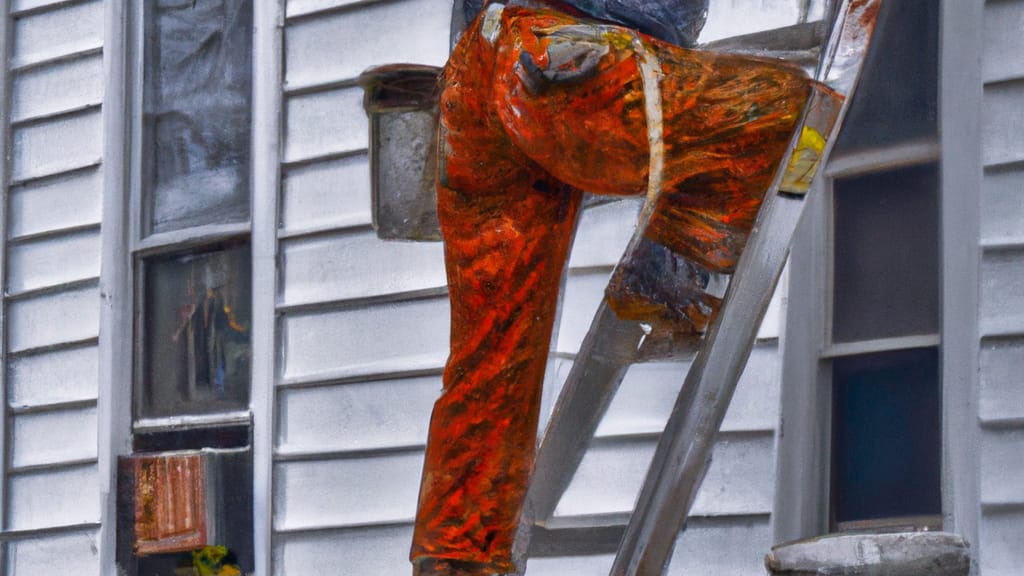 Man climbing ladder on Palmyra, New Jersey home to replace roof