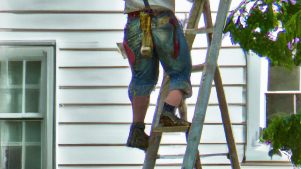 Man climbing ladder on Parkersburg, West Virginia home to replace roof