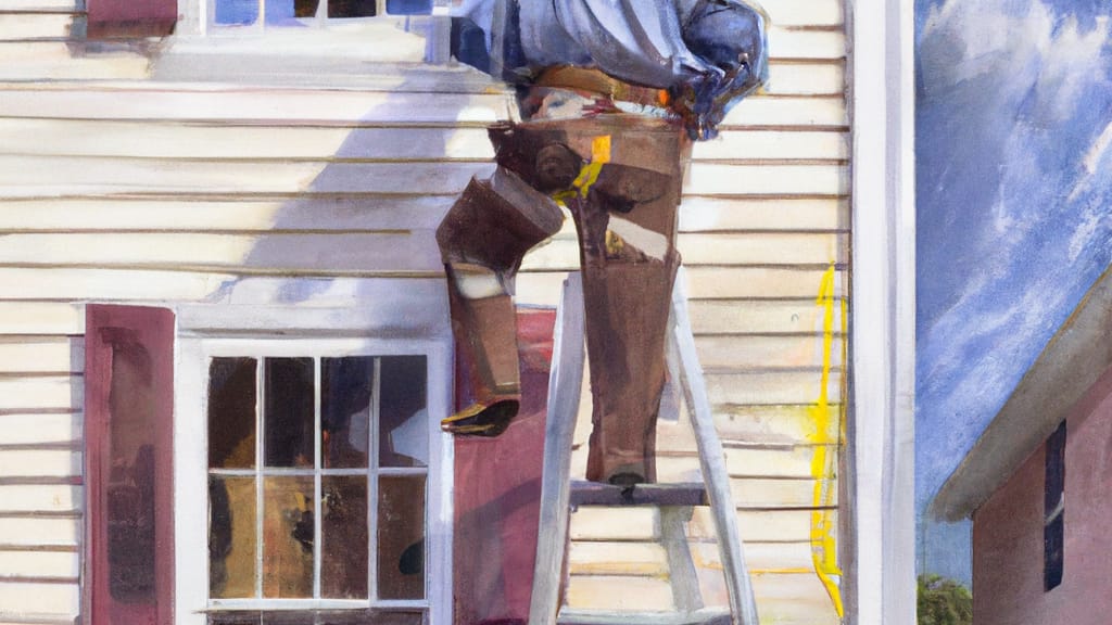 Man climbing ladder on Patchogue, New York home to replace roof