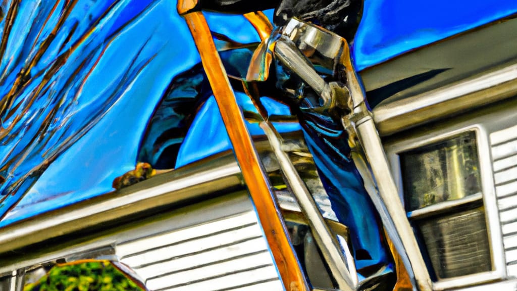 Man climbing ladder on Pennsville, New Jersey home to replace roof