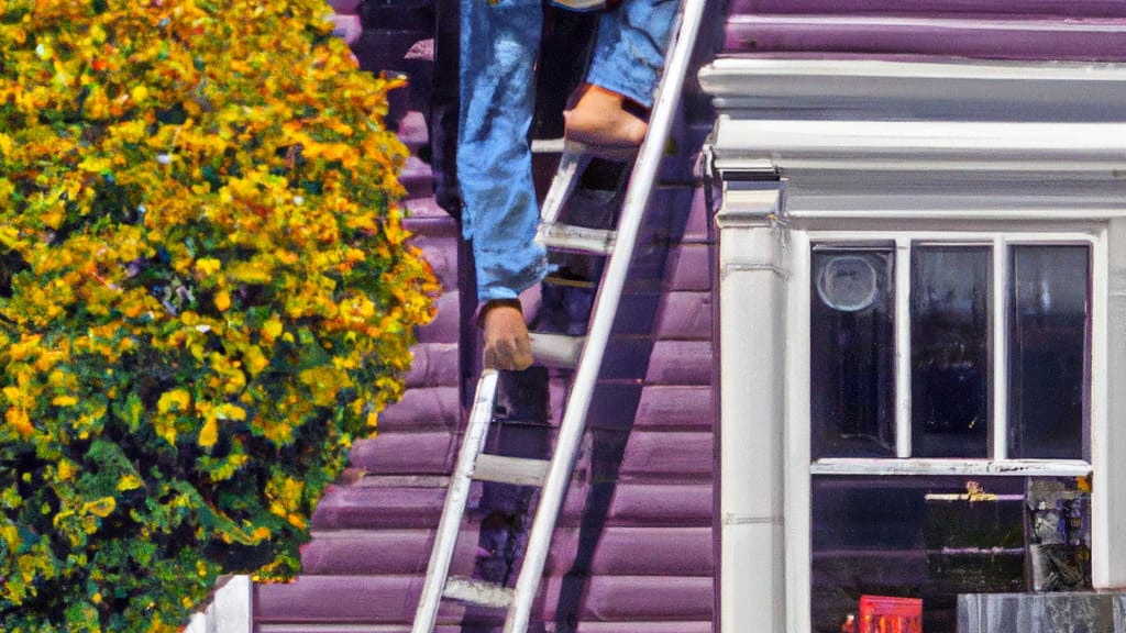 Man climbing ladder on Petaluma, California home to replace roof