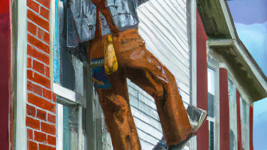 Man climbing ladder on Phillipsburg, New Jersey home to replace roof