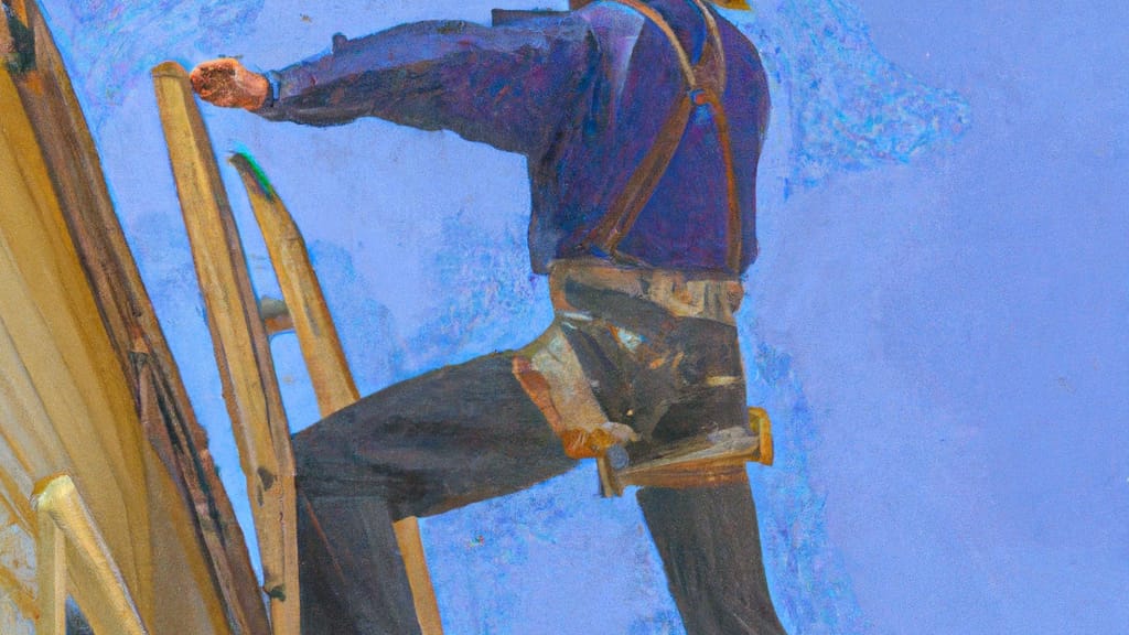 Man climbing ladder on Pismo Beach, California home to replace roof