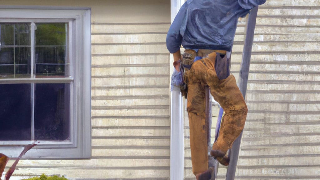 Man climbing ladder on Plover, Wisconsin home to replace roof