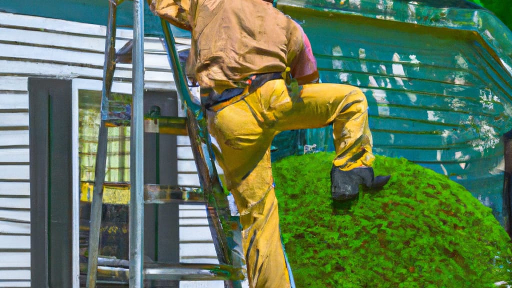 Man climbing ladder on Pompton Lakes, New Jersey home to replace roof