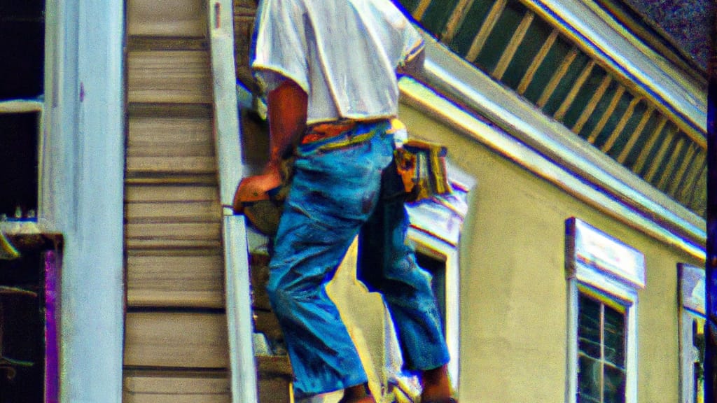 Man climbing ladder on Port Huron, Michigan home to replace roof