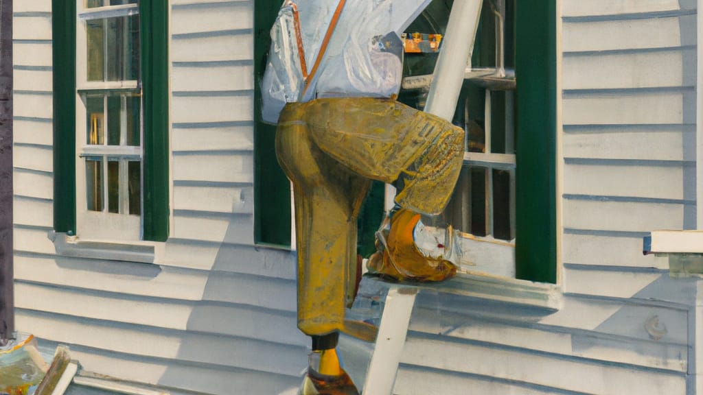 Man climbing ladder on Port Jefferson Station, New York home to replace roof