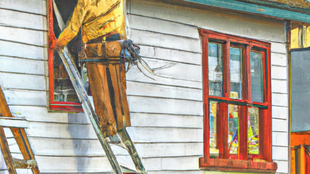 Man climbing ladder on Port Townsend, Washington home to replace roof