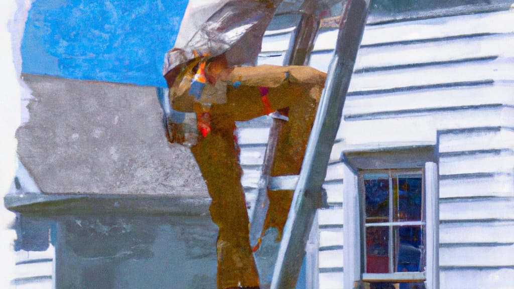 Man climbing ladder on Provincetown, Massachusetts home to replace roof