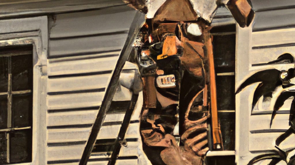 Man climbing ladder on Ridgewood, New Jersey home to replace roof