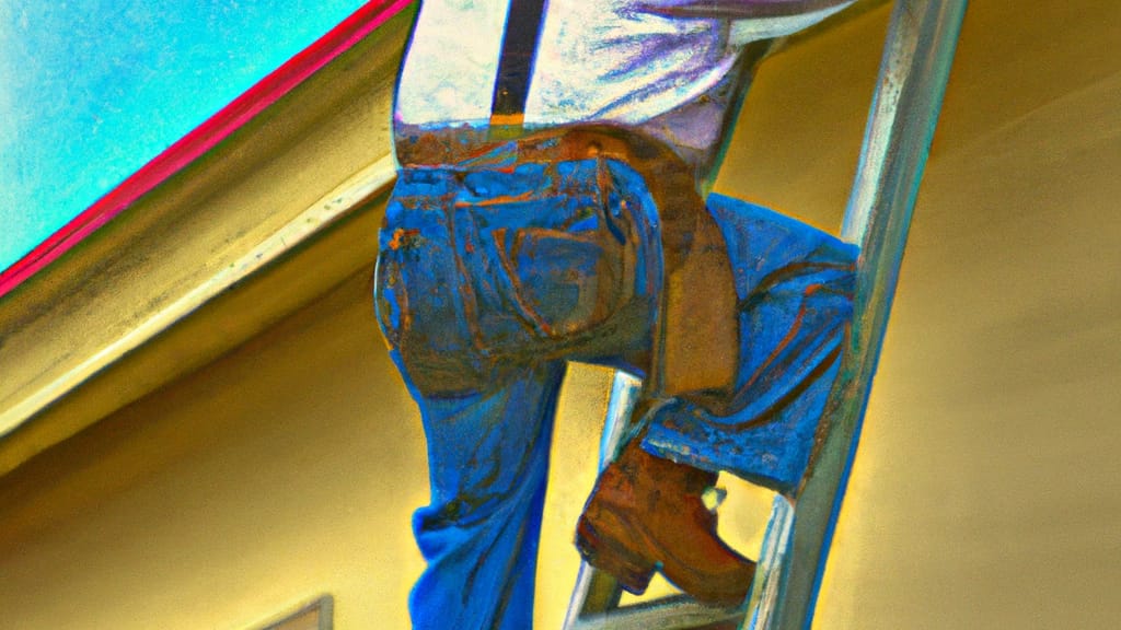 Man climbing ladder on Rio Linda, California home to replace roof