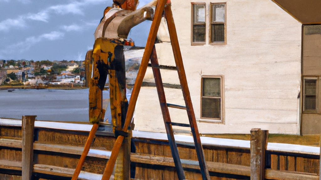 Man climbing ladder on River Edge, New Jersey home to replace roof