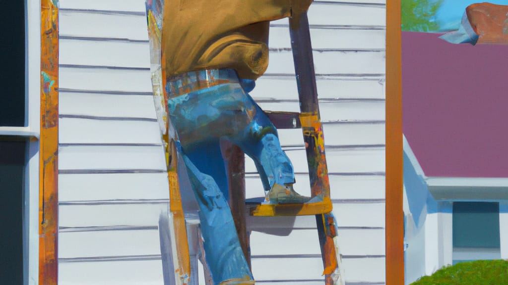 Man climbing ladder on River Falls, Wisconsin home to replace roof