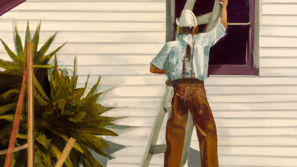 Man climbing ladder on Riverbank, California home to replace roof