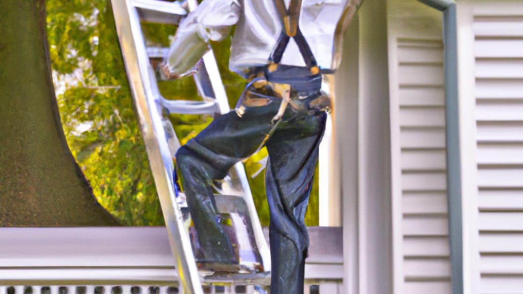 Man climbing ladder on Rochelle Park, New Jersey home to replace roof