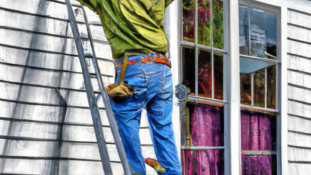 Man climbing ladder on Ronkonkoma, New York home to replace roof