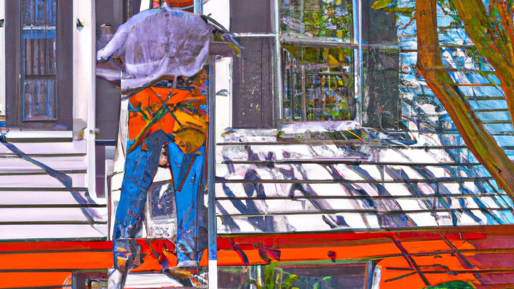 Man climbing ladder on Rutherford, New Jersey home to replace roof