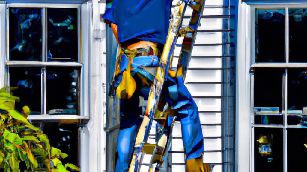 Man climbing ladder on Saint James, New York home to replace roof