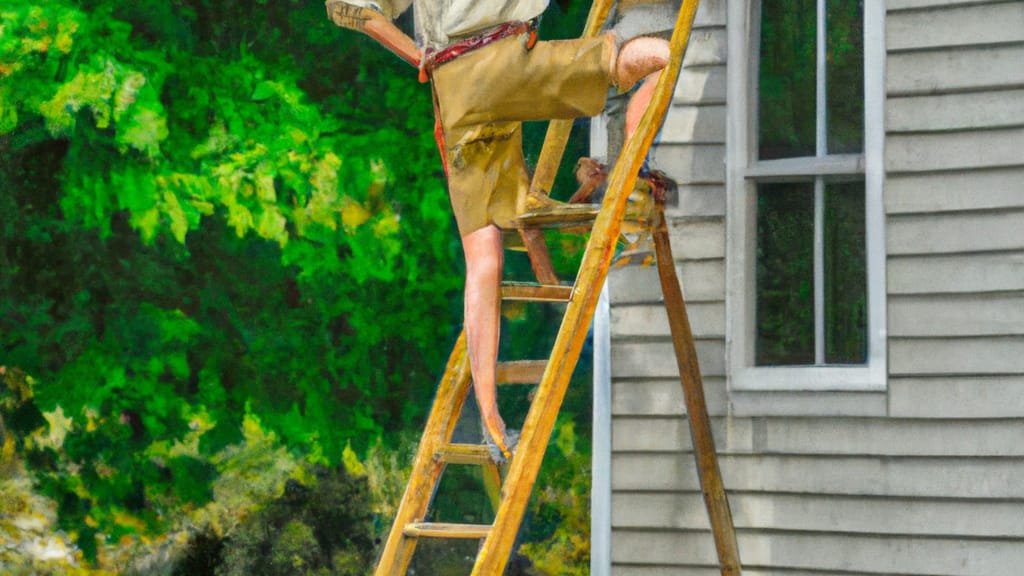 Man climbing ladder on Saranac Lake, New York home to replace roof