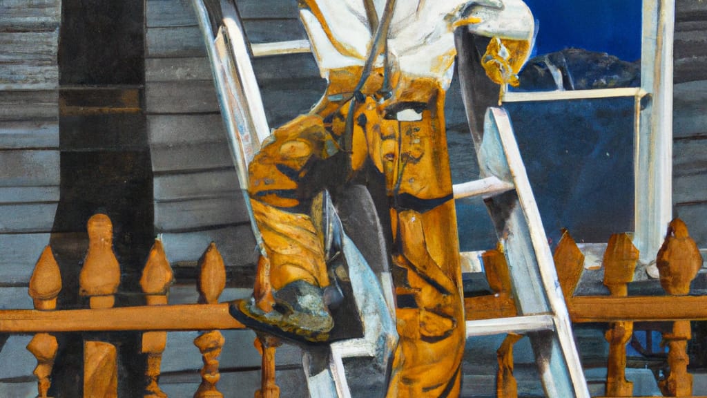 Man climbing ladder on Sausalito, California home to replace roof