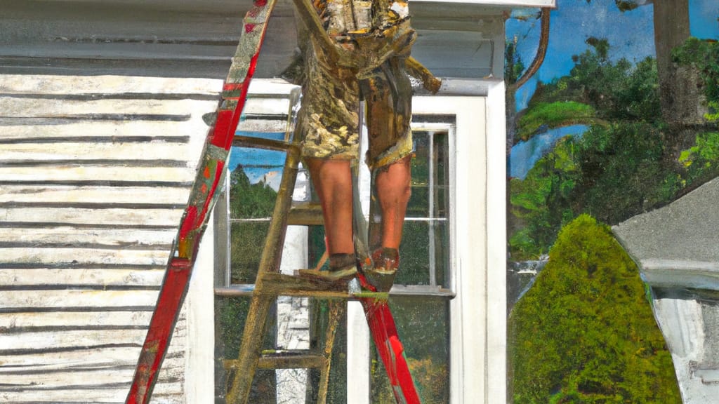 Man climbing ladder on Sayville, New York home to replace roof