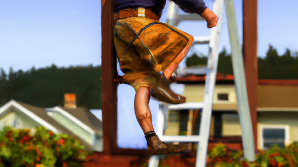 Man climbing ladder on Seaside, Oregon home to replace roof