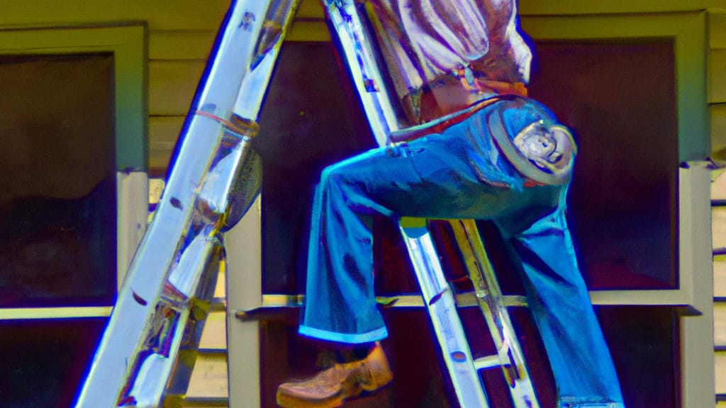 Man climbing ladder on Shawano, Wisconsin home to replace roof