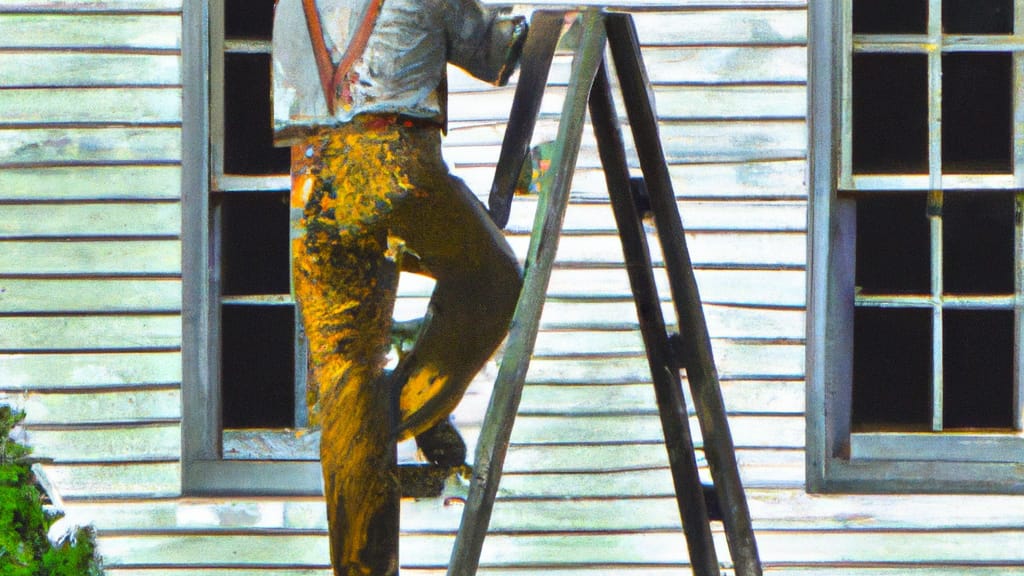 Man climbing ladder on Shenandoah, Pennsylvania home to replace roof