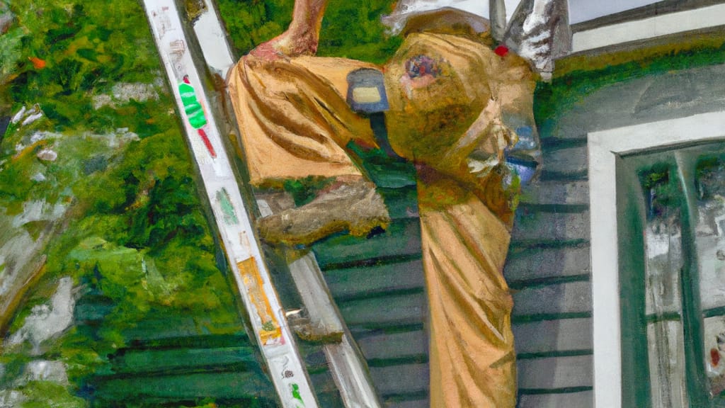 Man climbing ladder on Shirley, New York home to replace roof