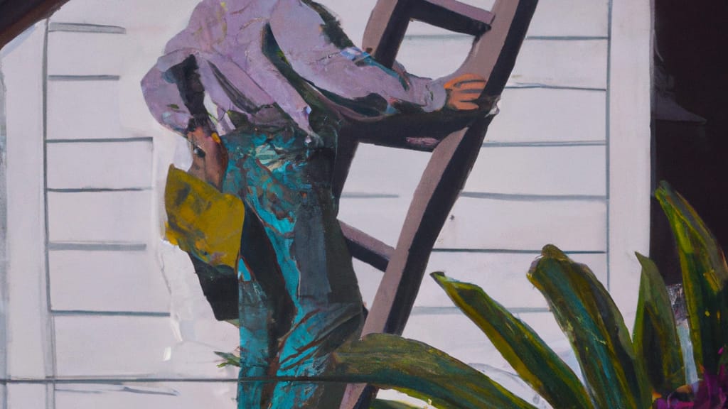 Man climbing ladder on Signal Hill, California home to replace roof