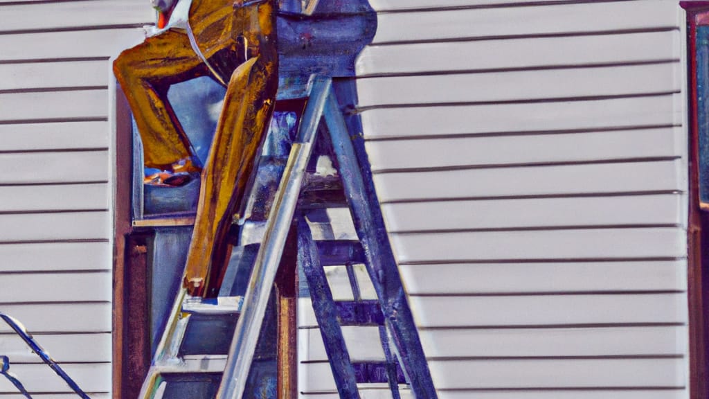 Man climbing ladder on Silverton, Oregon home to replace roof