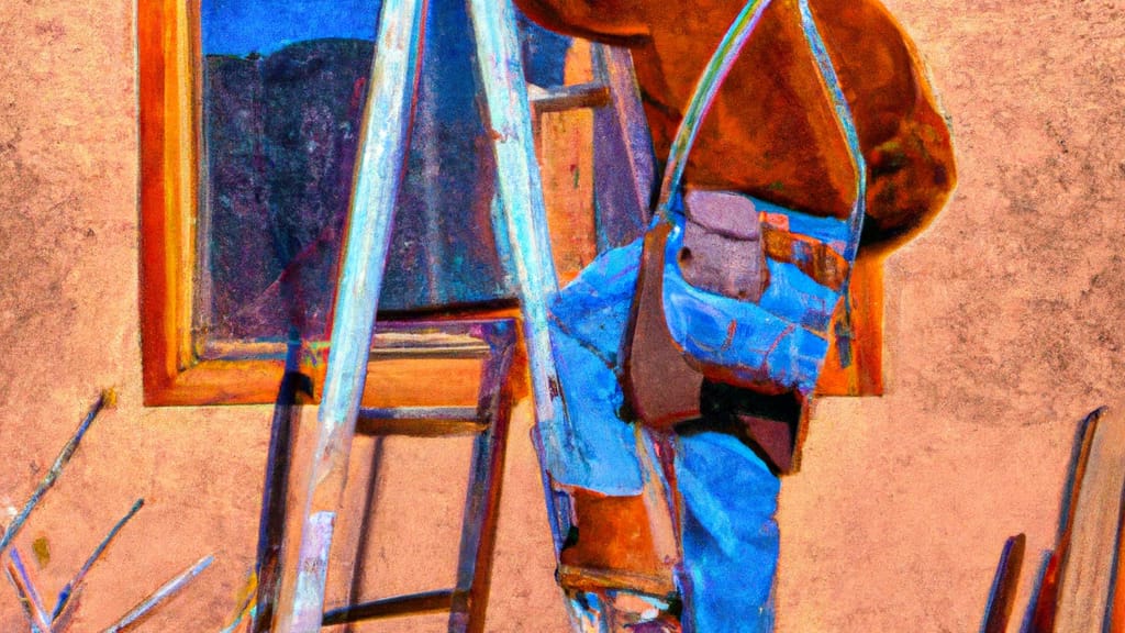Man climbing ladder on Socorro, New Mexico home to replace roof
