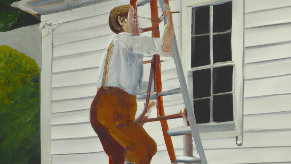 Man climbing ladder on Somers, New York home to replace roof