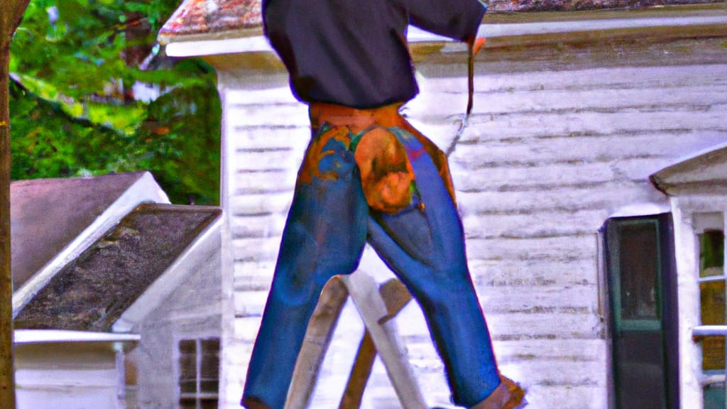 Man climbing ladder on Southborough, Massachusetts home to replace roof