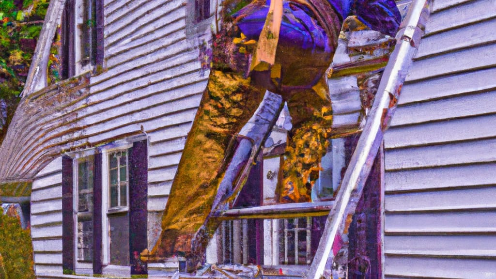 Man climbing ladder on Southington, Connecticut home to replace roof