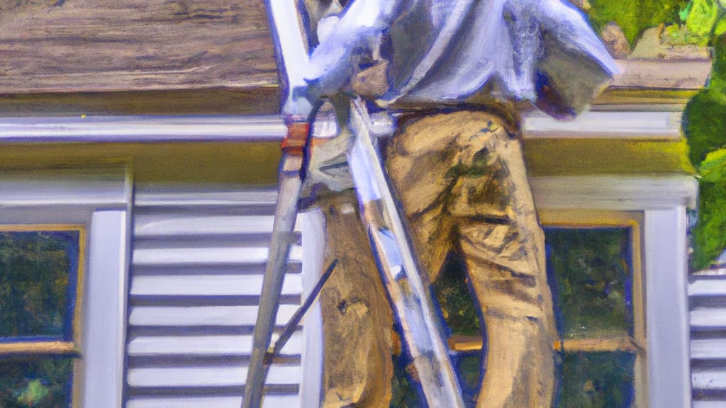 Man climbing ladder on Southwick, Massachusetts home to replace roof