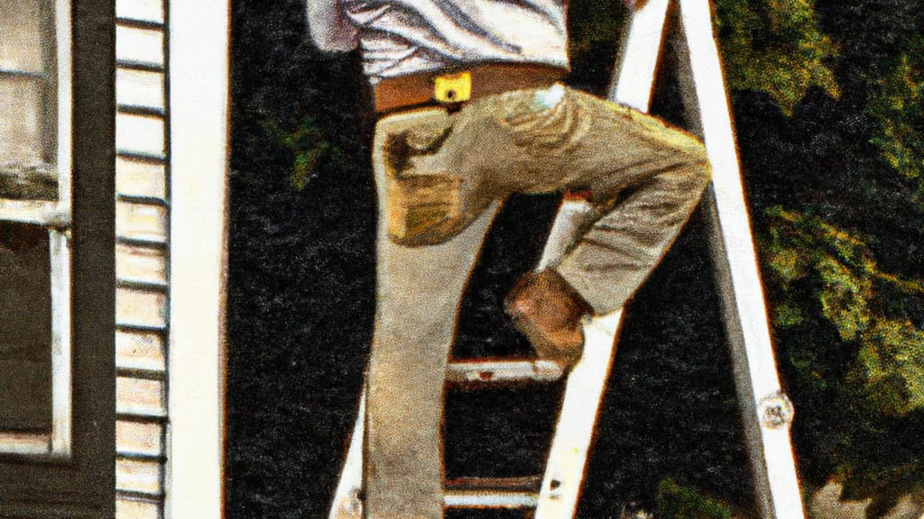 Man climbing ladder on Stamford, Connecticut home to replace roof