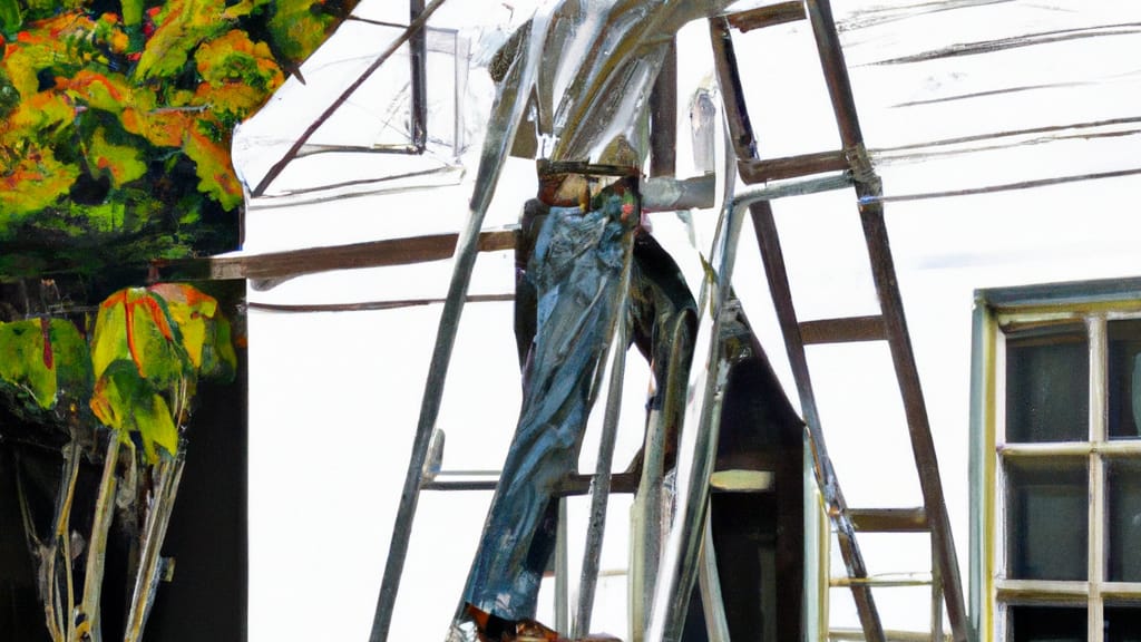 Man climbing ladder on Stanford, California home to replace roof
