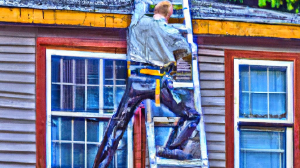 Man climbing ladder on Steilacoom, Washington home to replace roof