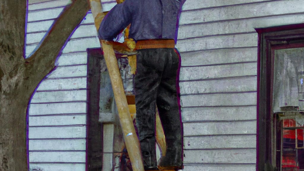 Man climbing ladder on Sterling, Illinois home to replace roof