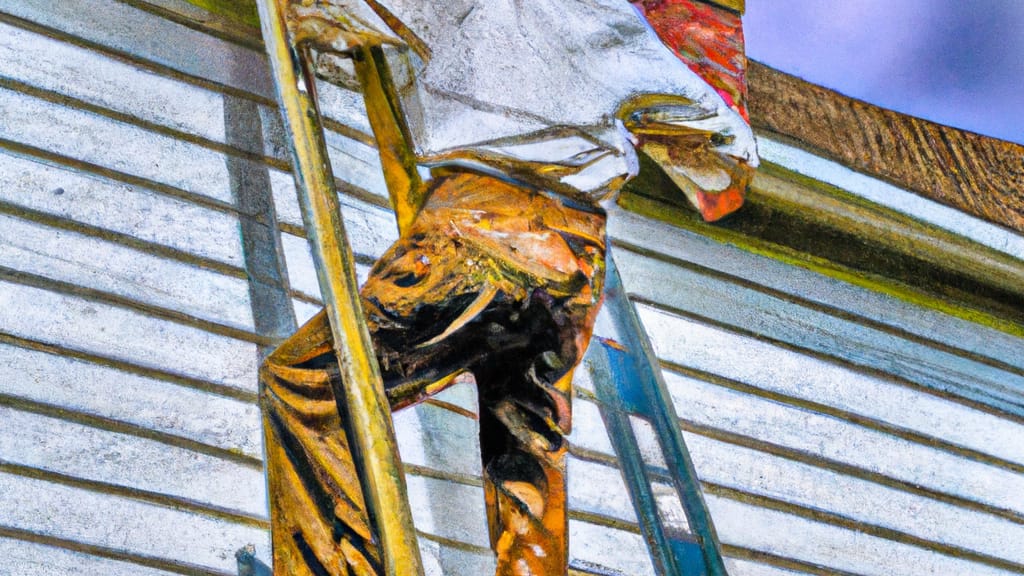 Man climbing ladder on Stevensville, Maryland home to replace roof